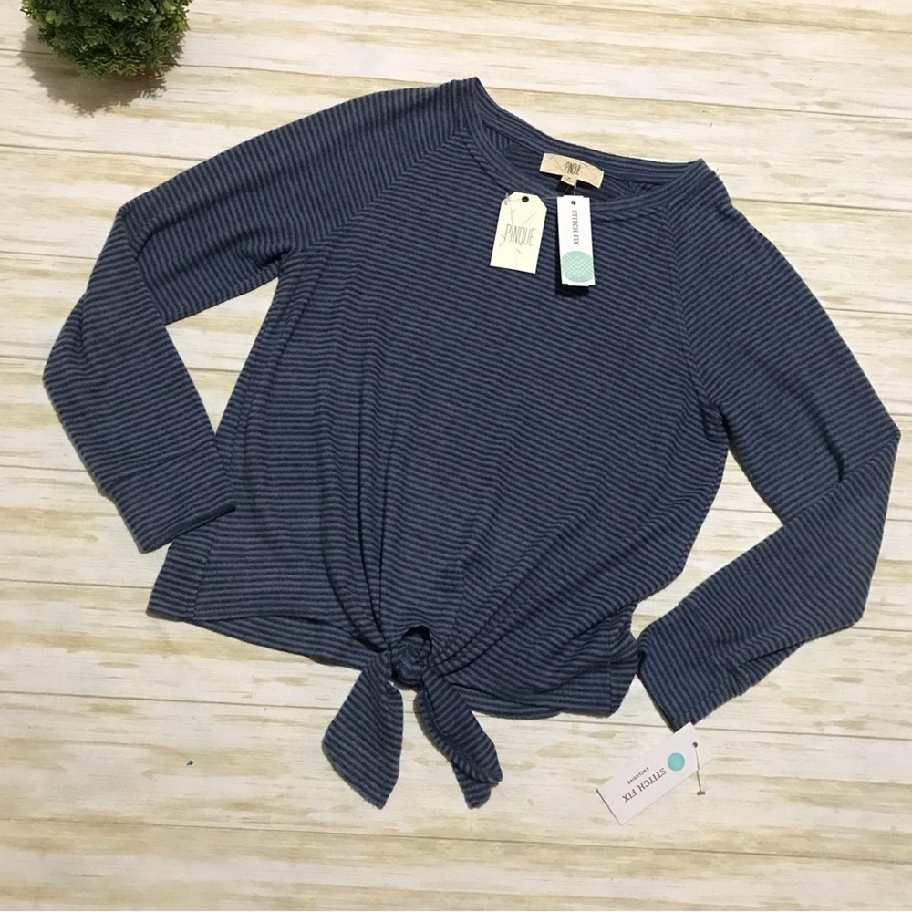 Pinque Stitch‎ Fix NWT Zenya Tie Front Brushed Knit Long Sleeve Top Blue Medium